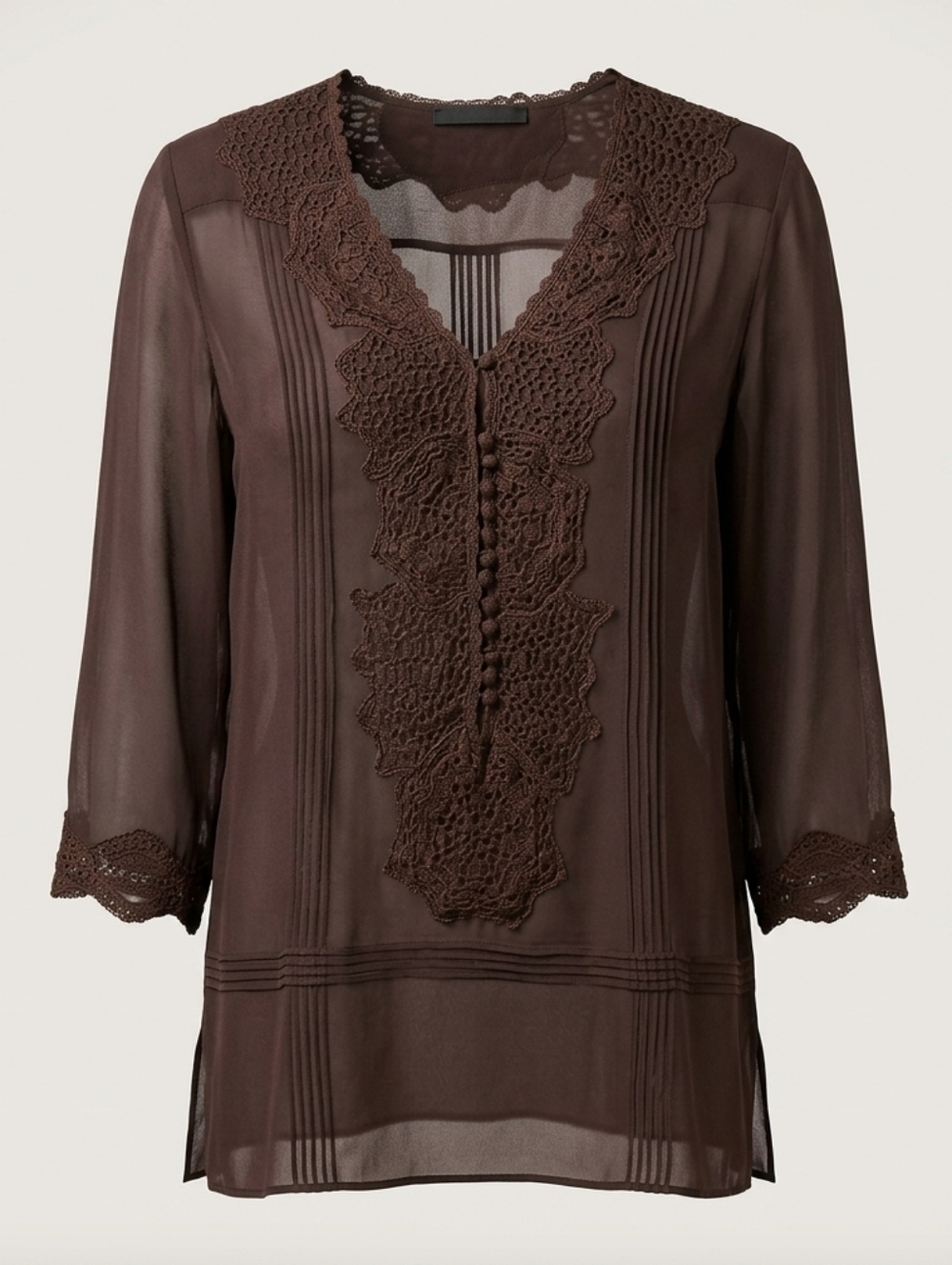 BCBGMaxAzria Dark Brown Crochet-Trim V-Neck Tunic 100% Silk Body Cotton Trim